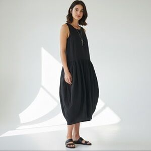For Cynthia Linen Cocoon Midi Dress Black Artsy Oversized Size Large
